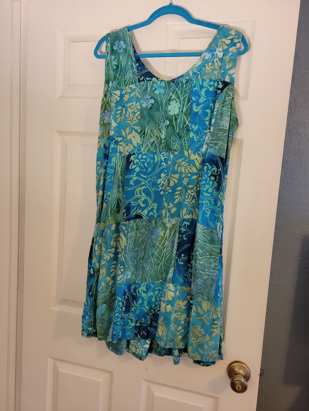 Batik Print Blue and Green Floral Patchwork Sun Dress Size XL Beach Coverup